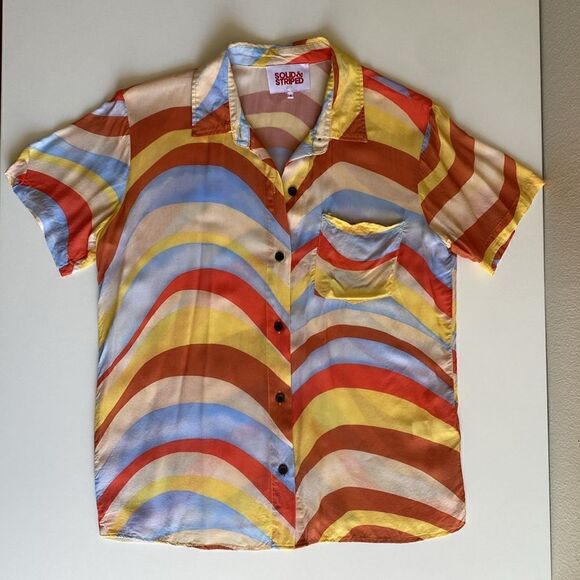 Solid and Striped Blue Orange and Cream Retro Wave 70's Style Button Down Shirt - Picture 6 of 14